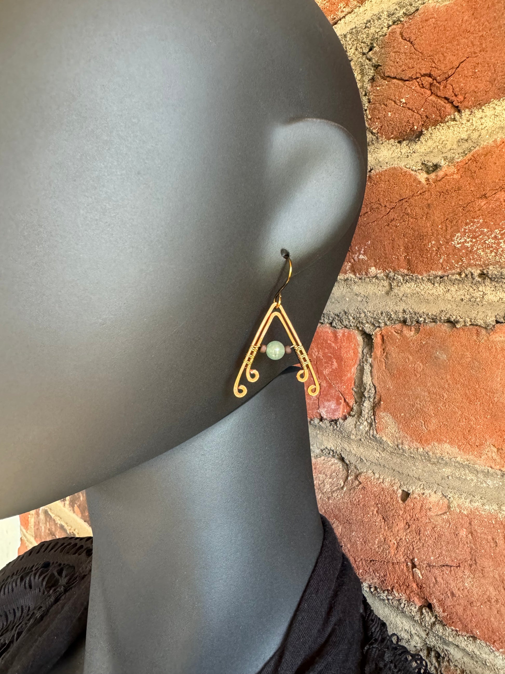 Aventurine Hammered Copper and Antiques Bronze A- Frame Earrings - R.Kaelber Art