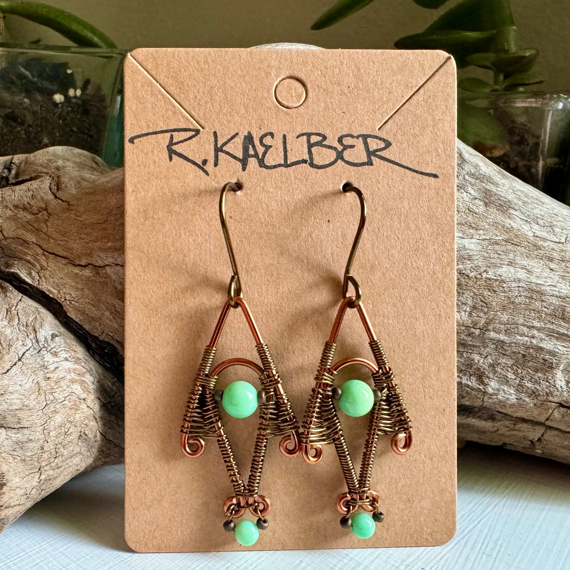 Green Opal,Copper, and Antique Bronze Dangle Earrings - R.Kaelber Art