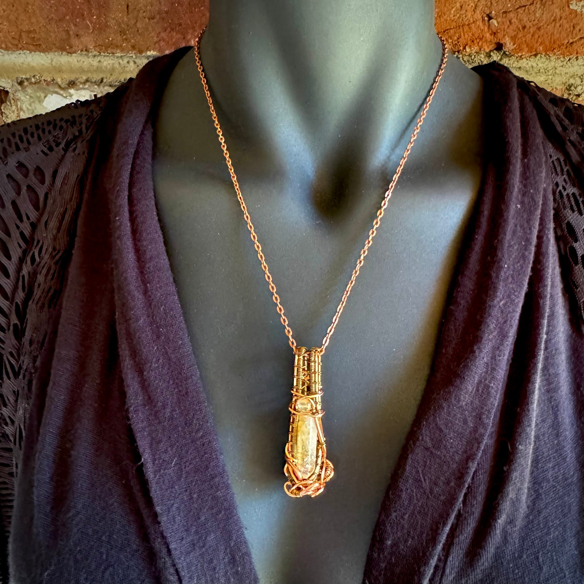 Prehnite and Citrine Pendant Wrapped in Antique Copper and Bronze - R.Kaelber Art