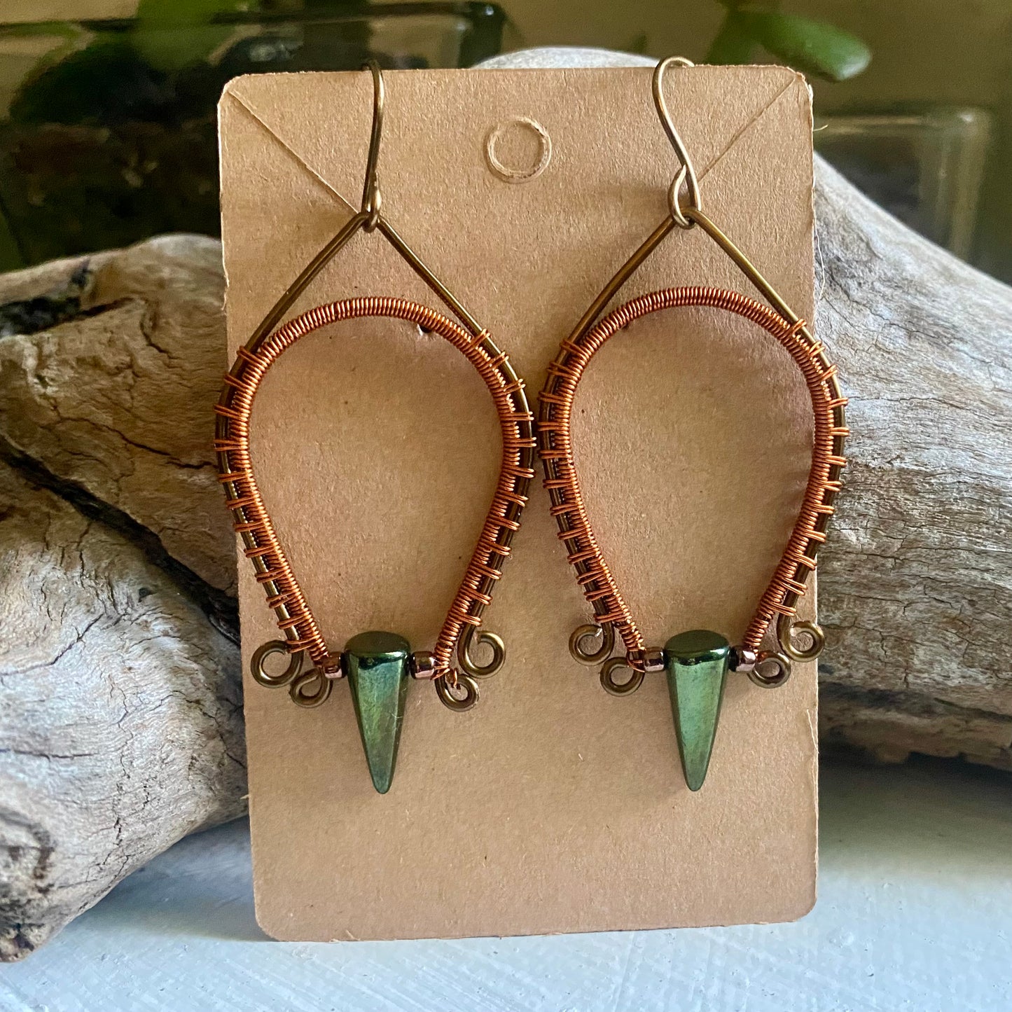 Jet, Copper, and Antique Bronze Wire Wrapped Dangle Earrings