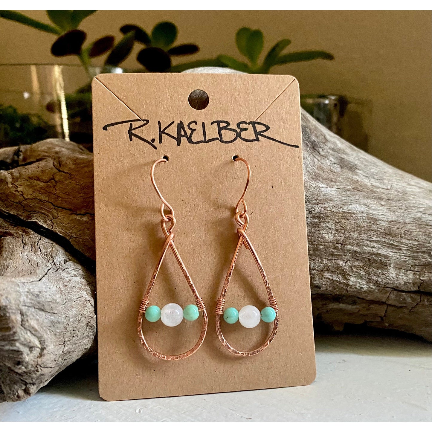 Green Opal and Rainbow Moonstone Teardrop Copper Earrings - R.Kaelber Art