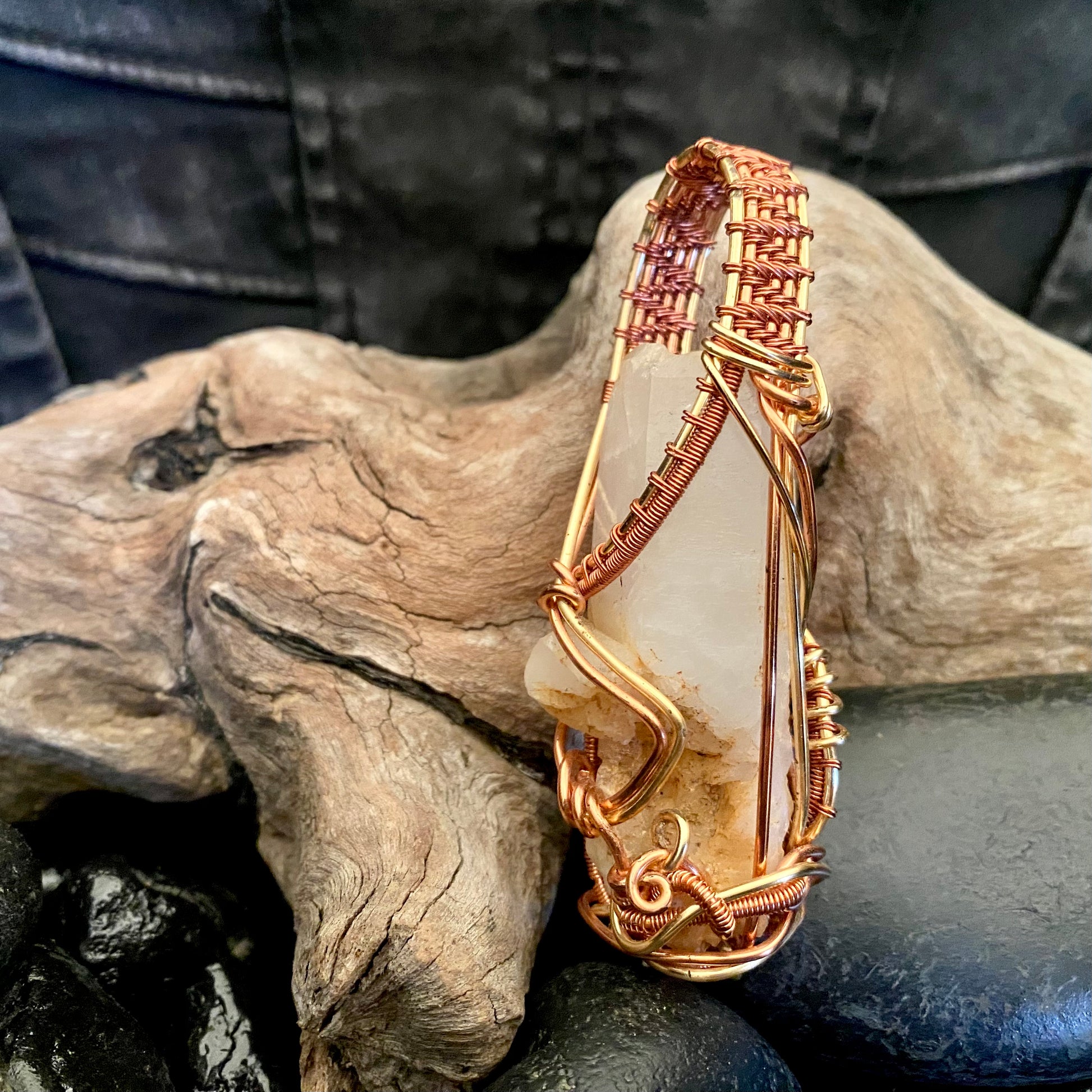 Milky Quartz Pendant with Copper and Gold over Copper Wire - R.Kaelber Art