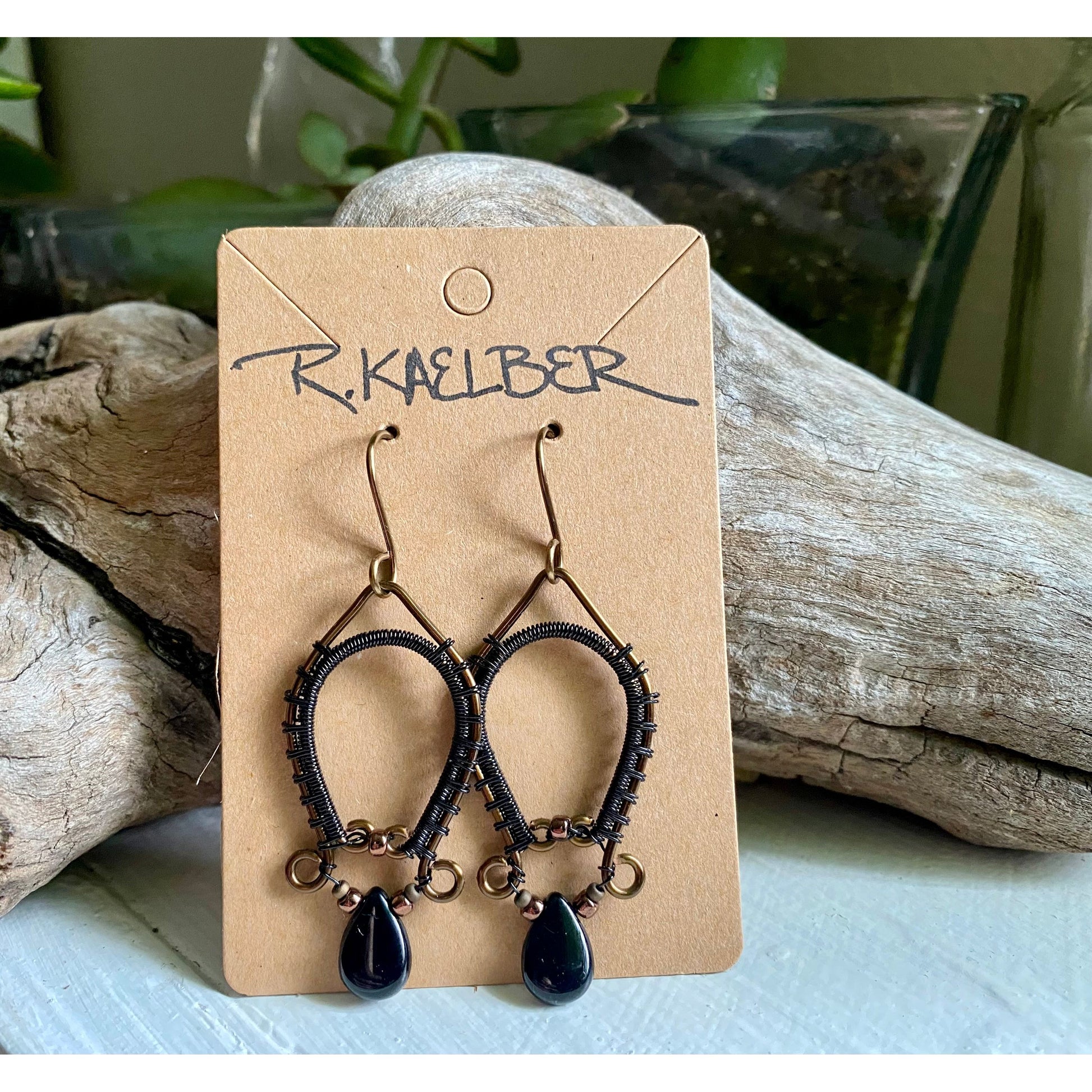 Onyx and Antique Bronze Dangle Earrings - R.Kaelber Art