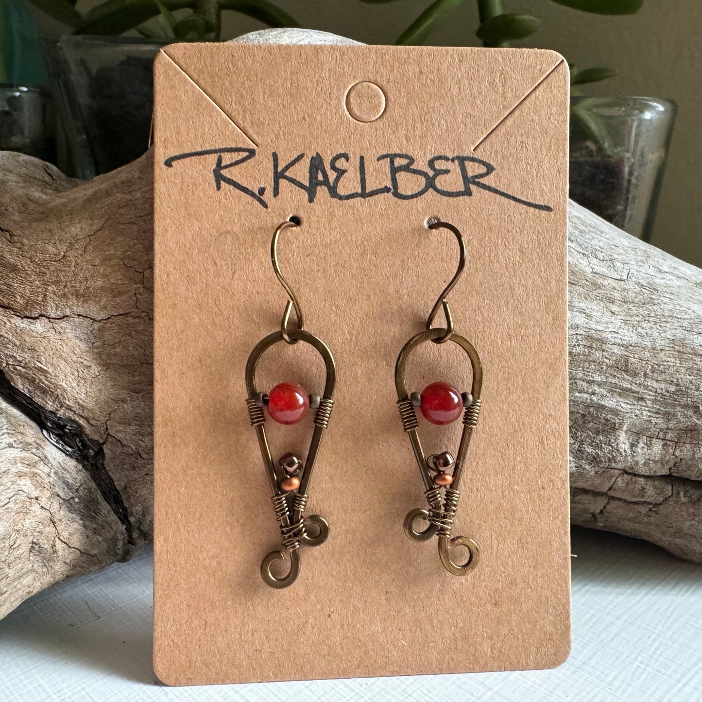 Carnelian and Antique Bronze Dangle Earrings - R.Kaelber Art