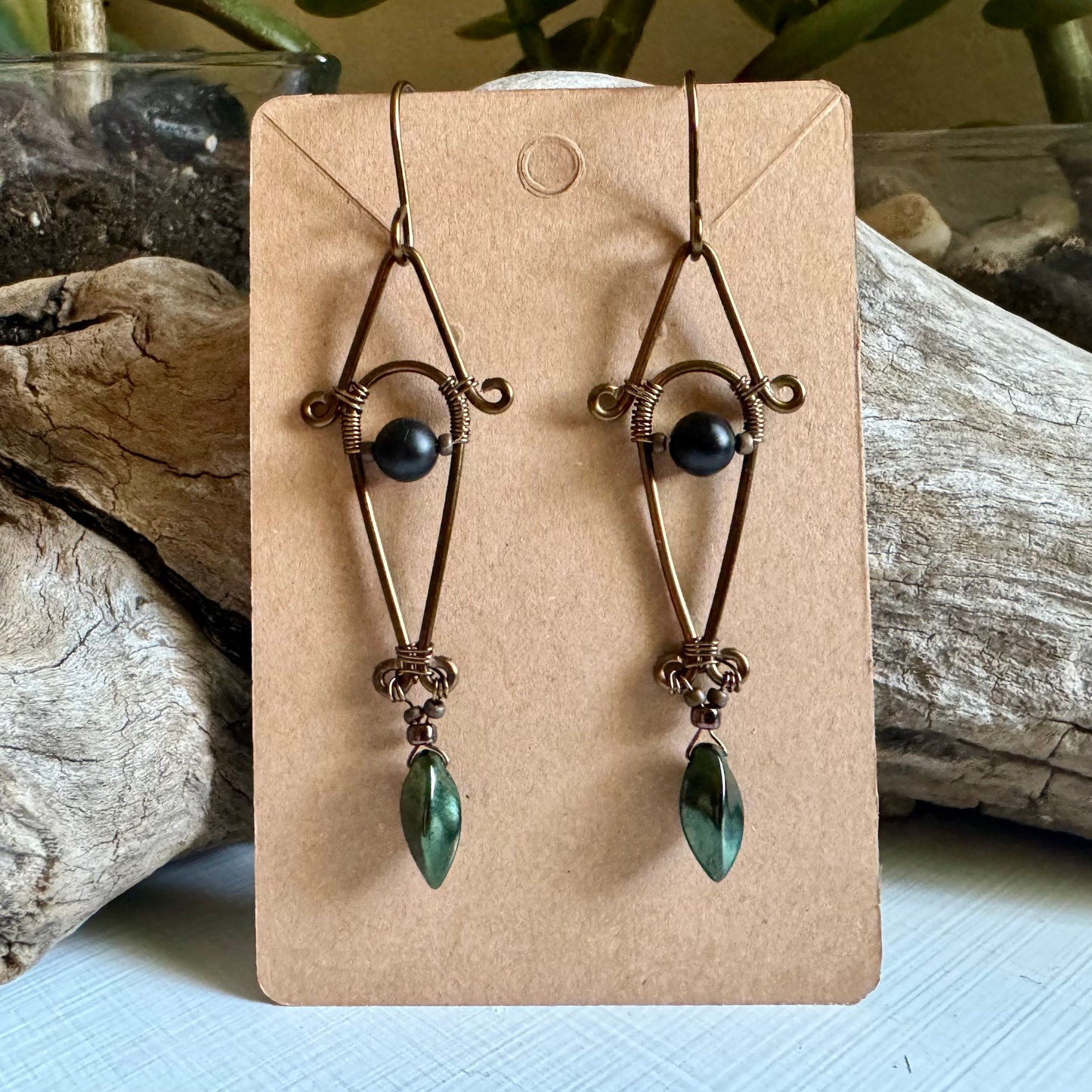 Onyx, Jet, and Antique Bronze Dangle Earrings