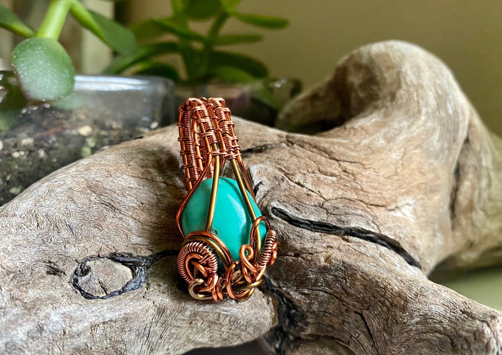 Turquoise, Copper, and Antique Bronze Pendant - R.Kaelber Art