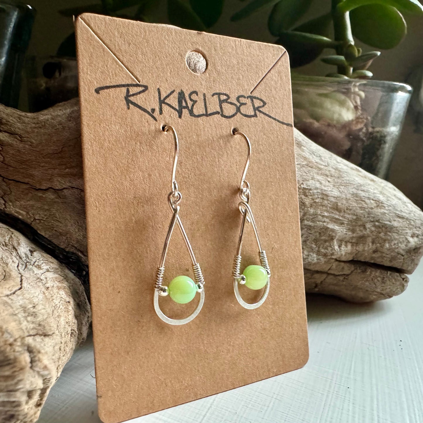 Green Opal and Sterling Silver Teardrop Earrings - R.Kaelber Art