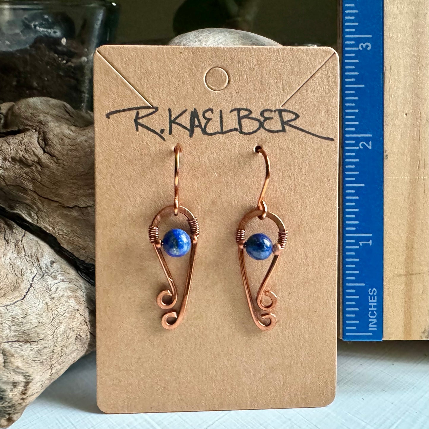 Lapis Lazuli Small Dangle Hammered Copper Earrings