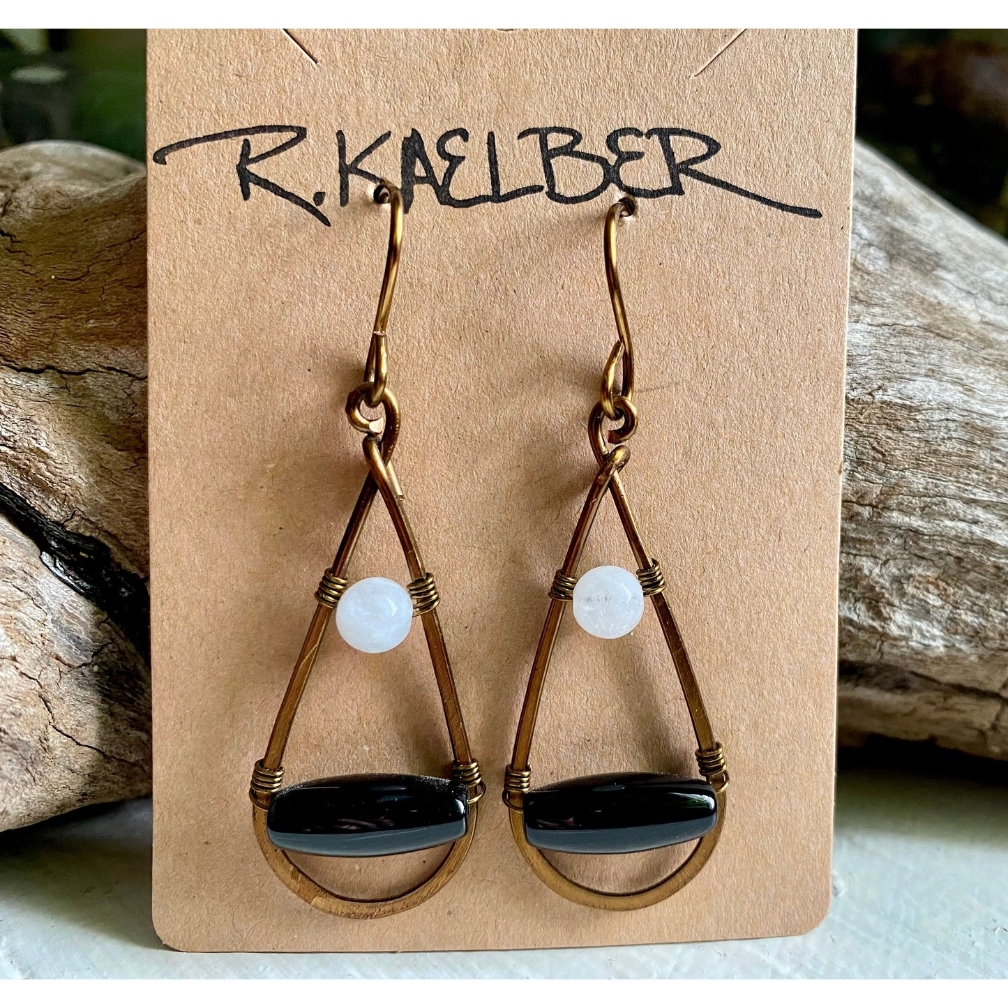 Rainbow Moonstone and Onyx Teardrop Earrings with Antique Bronze - R.Kaelber Art