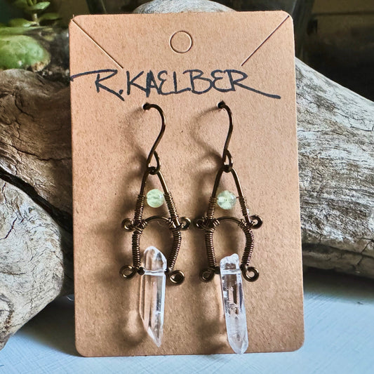 Prehnite, Clear Quartz and Antique Bronze Dangle Earrings