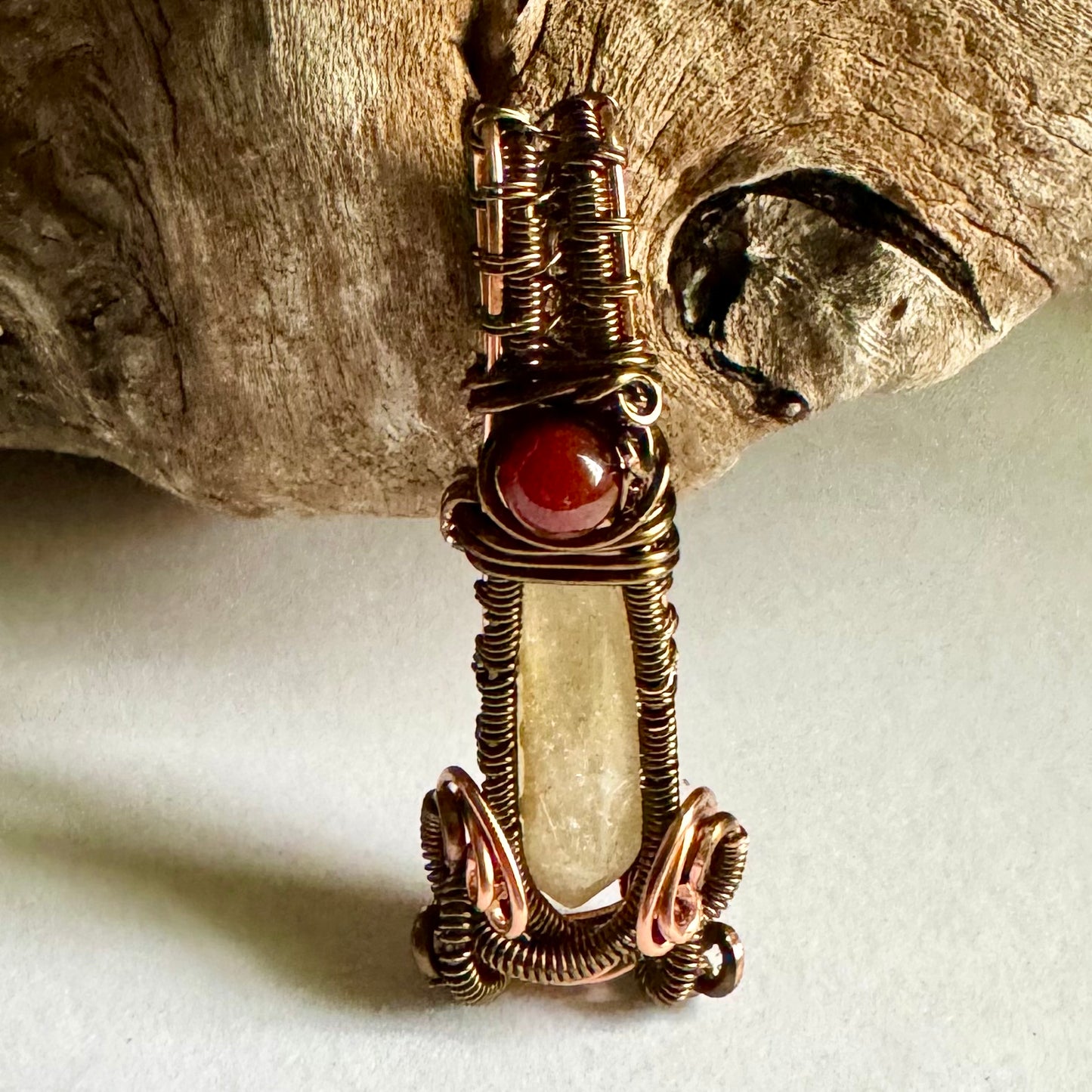 Citrine and Carnelian Wire Wrapped Pendant with Copper and Antique Bronze - R.Kaelber Art