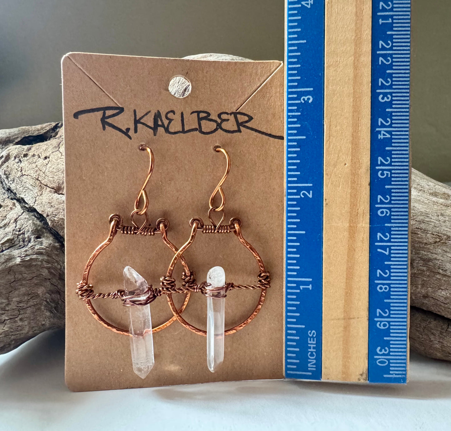 Clear Quartz and Copper Wire Wrapped Dangle Earrings