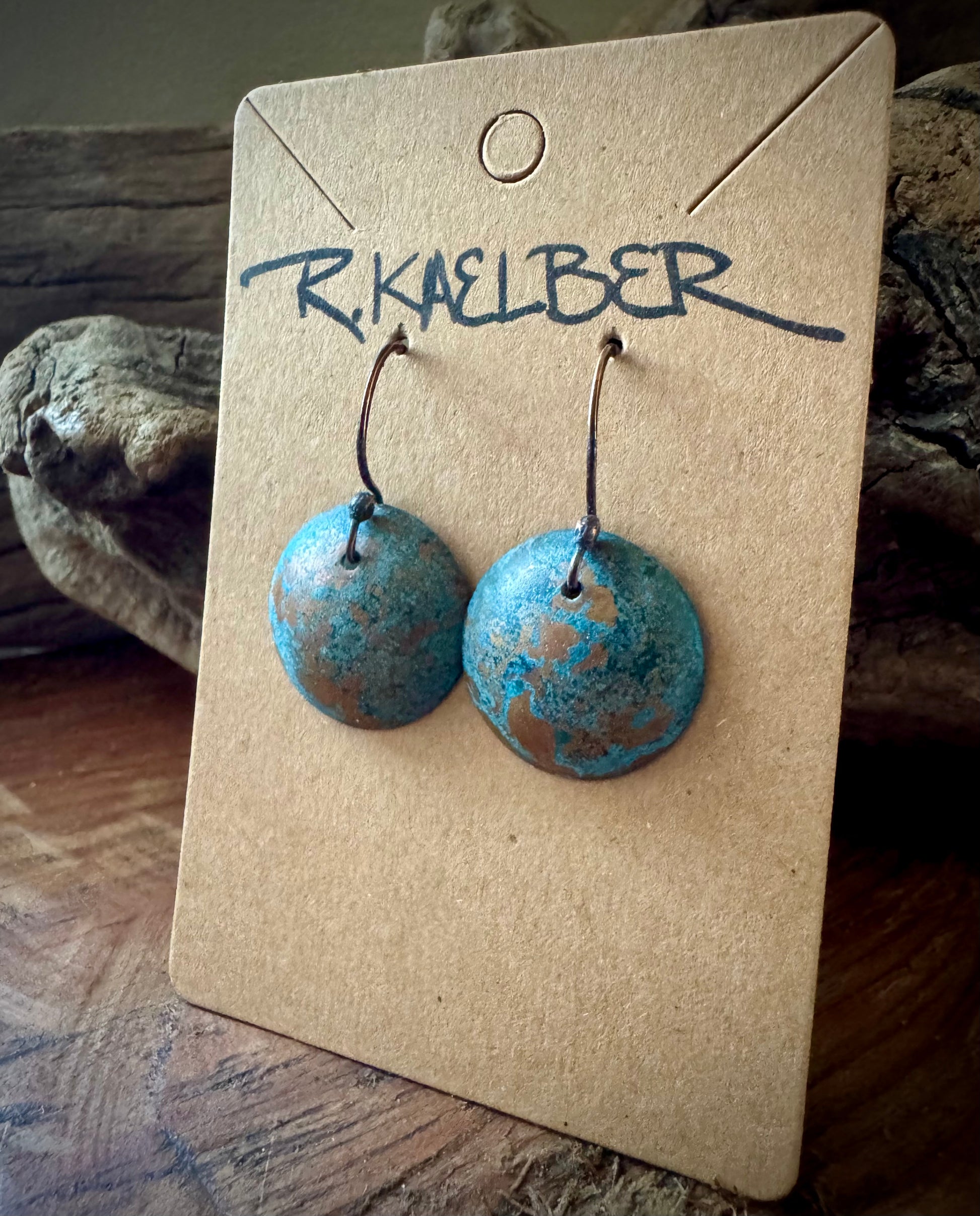 Textured Copper Domed Earrings with Green Patina - R.Kaelber Art