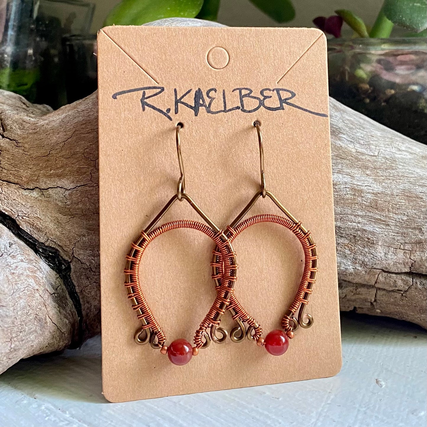 Carnelian, Copper, and Antique Bronze Dangle Earrings