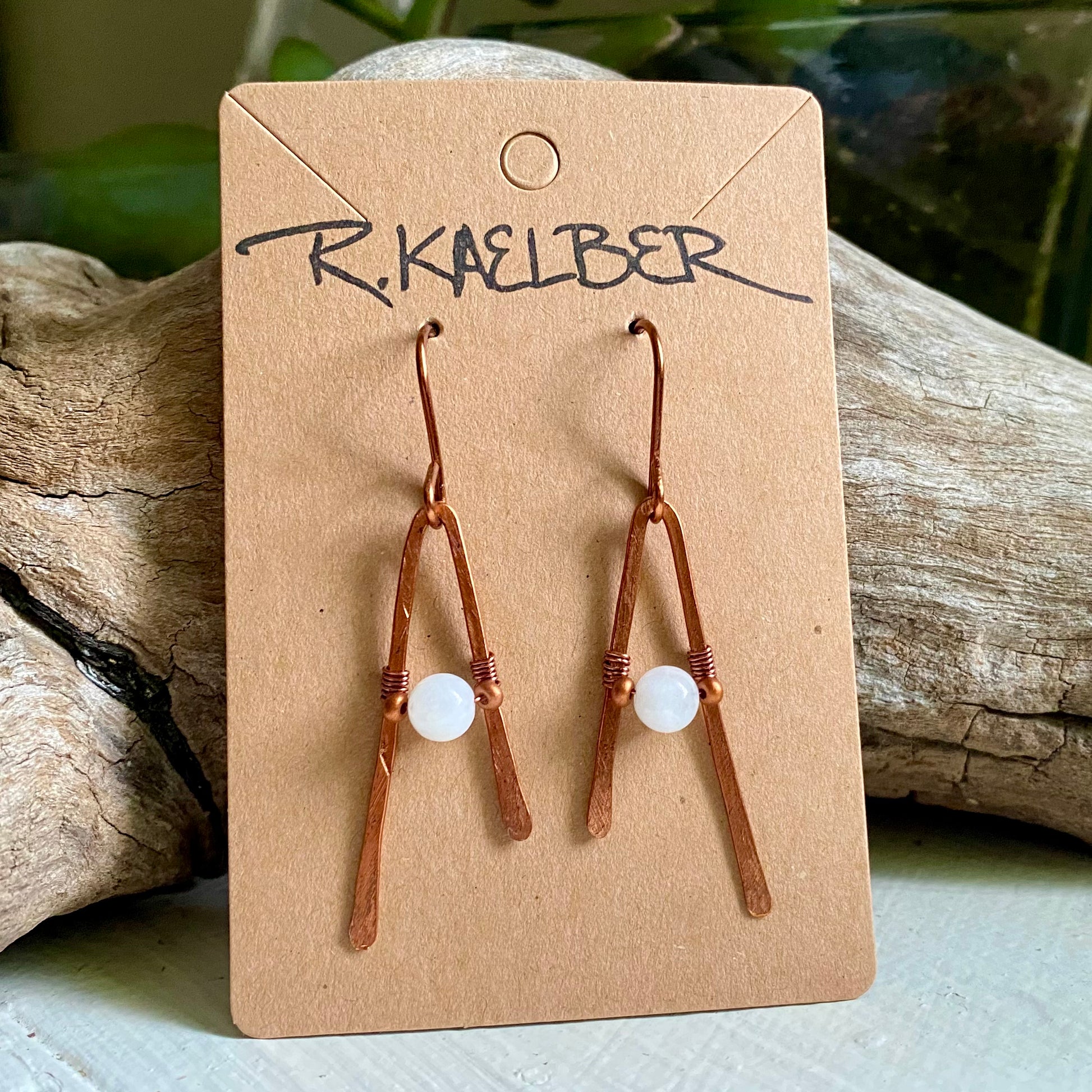 Rainbow Moonstone and Copper A-frame Dangle Earrings - R.Kaelber Art