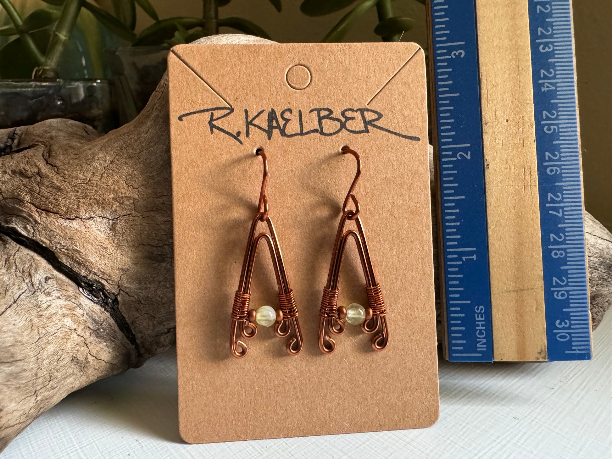 Prehnite and Copper A-Frame Earrings - R.Kaelber Art