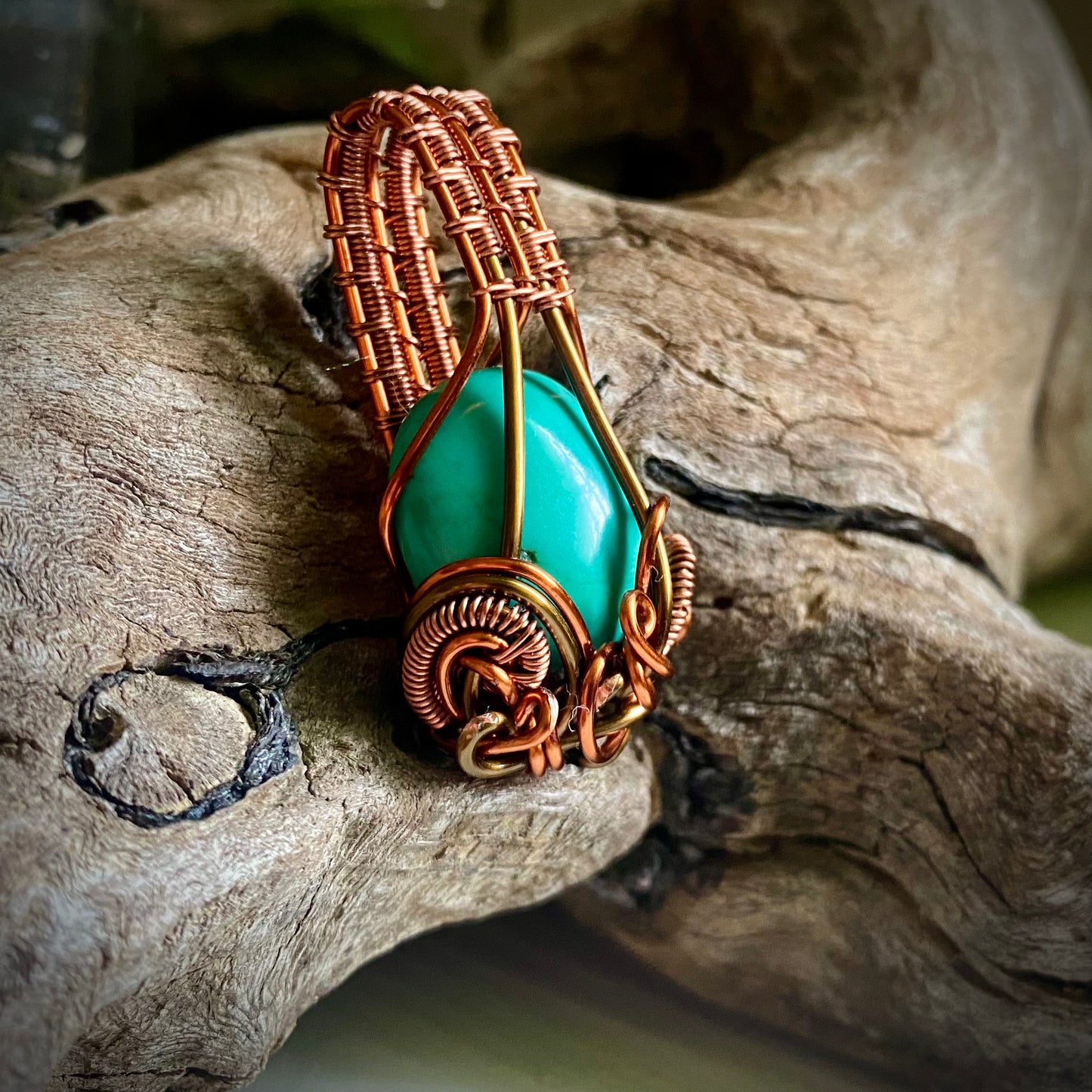 Turquoise, Copper, and Antique Bronze Pendant - R.Kaelber Art