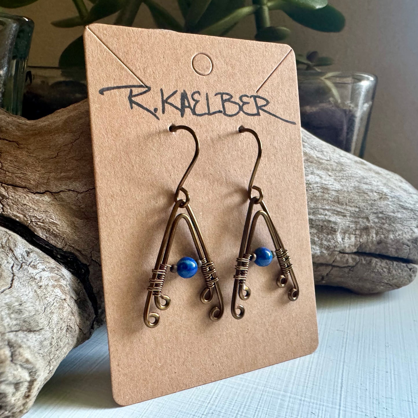 Lapis Lazuli Wire Wrapped A-Frame Earrings with Antique Bronze