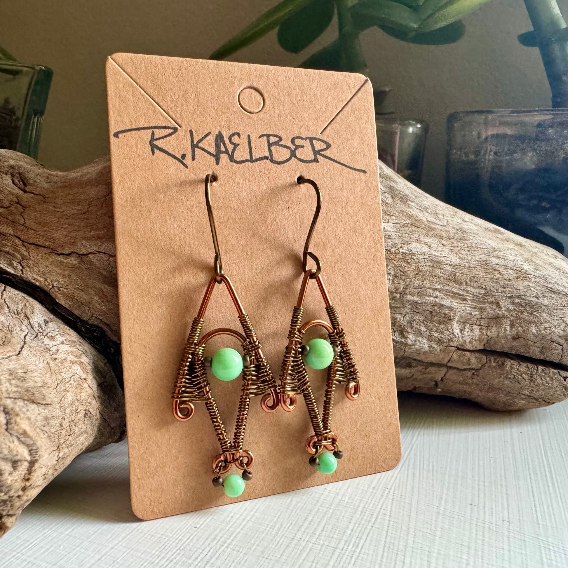 Green Opal,Copper, and Antique Bronze Dangle Earrings - R.Kaelber Art