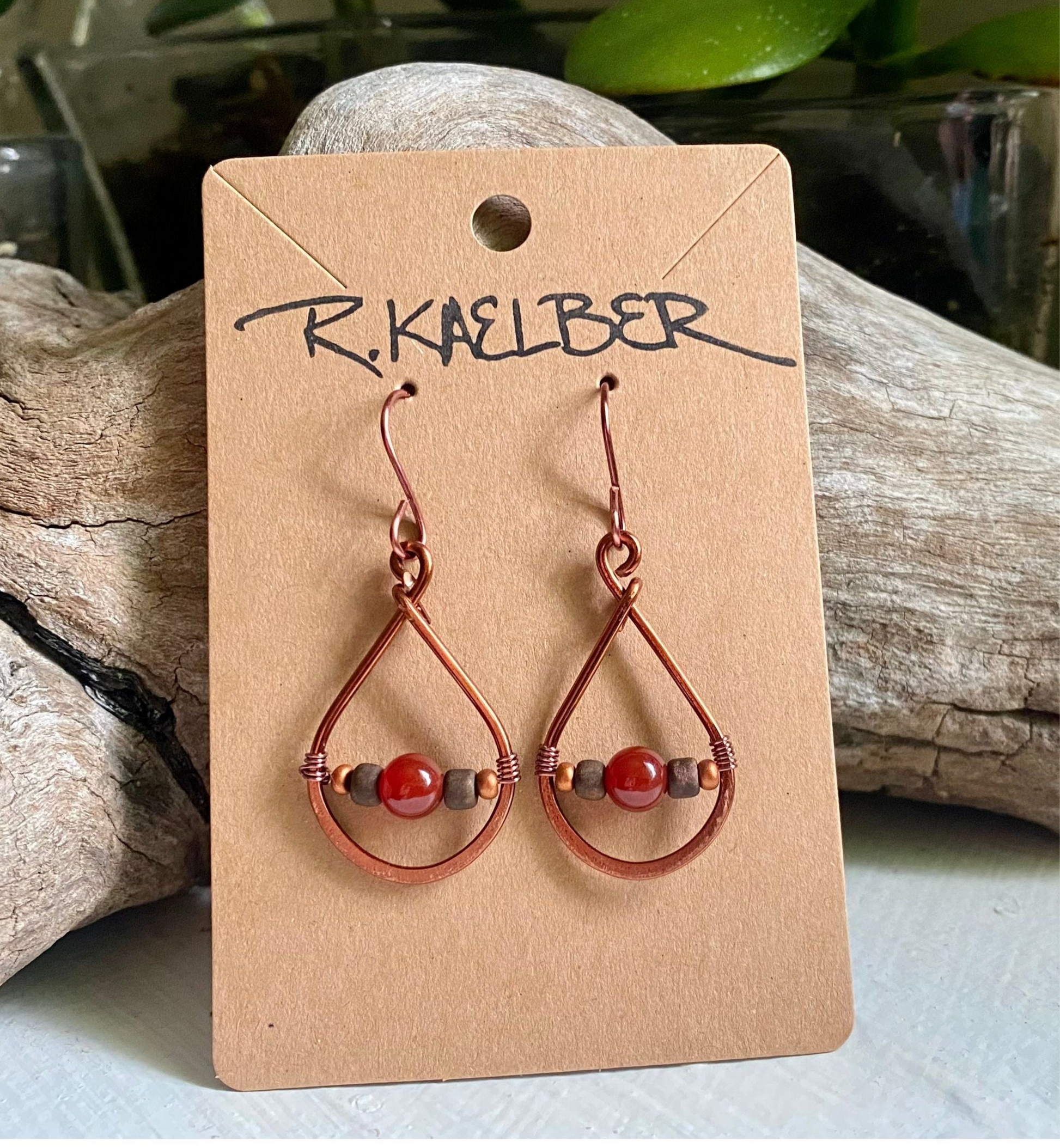 Carnelian and Copper Teardrop Earrings - R.Kaelber Art