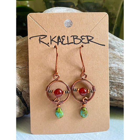Circular Copper Dangle Earrings with Carnelian and Glass beads - R.Kaelber Art