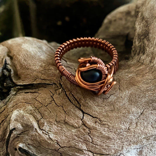 Black Onyx and Copper Wire Wrapped Ring Size 10.5 - R.Kaelber Art