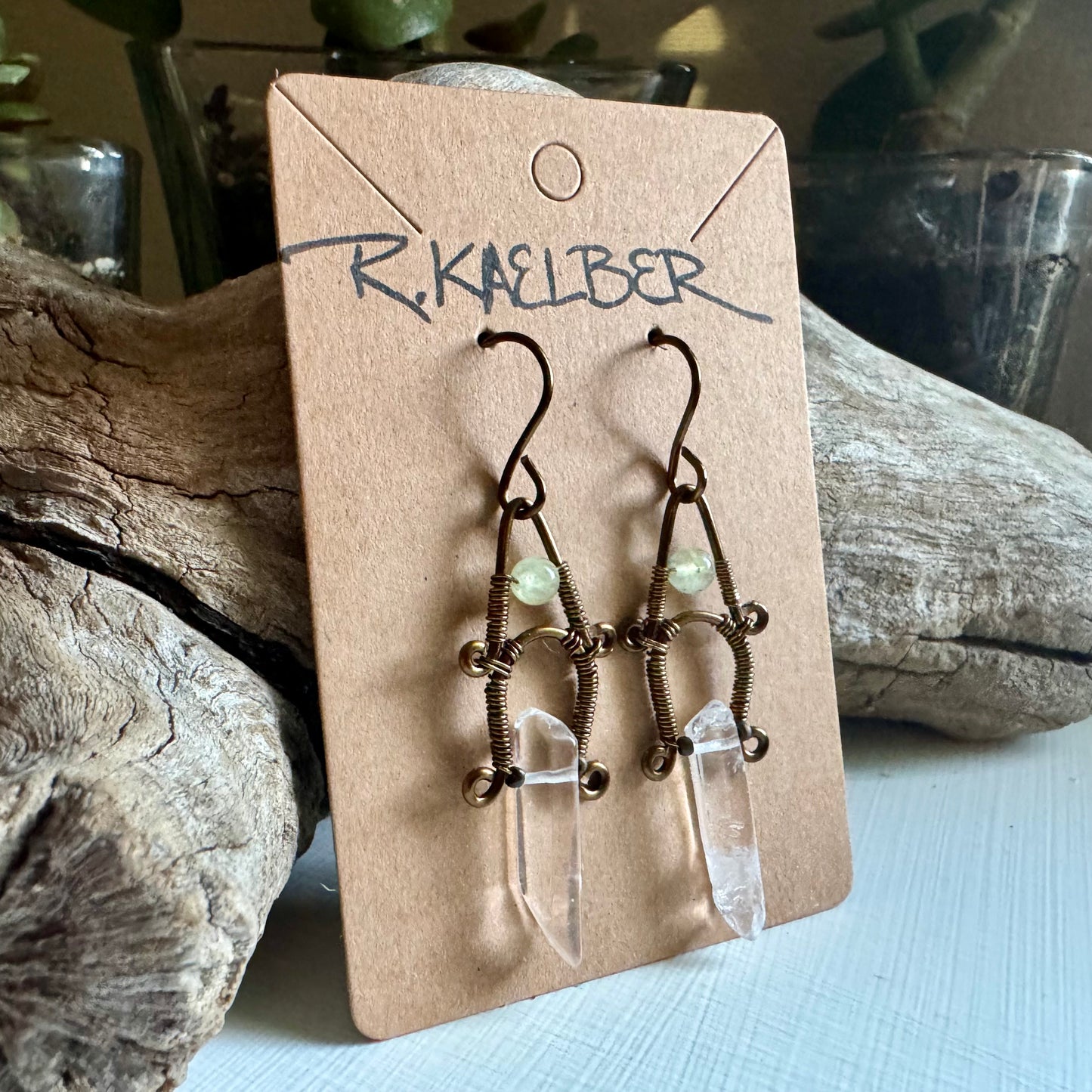 Prehnite, Clear Quartz and Antique Bronze Dangle Earrings