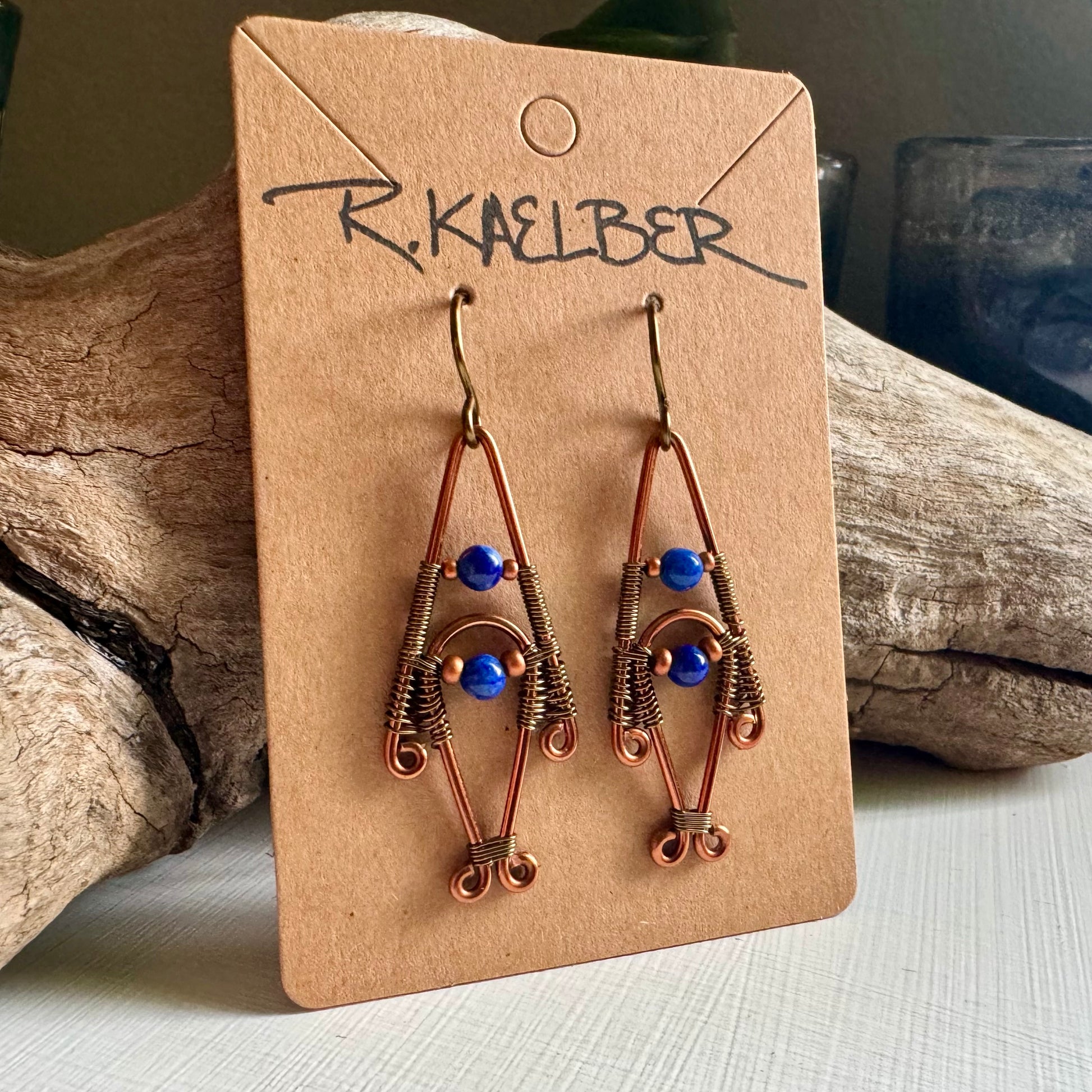 Lapis Lazuli, Copper, and Antique Bronze Wire Wrapped Dangle Earrings - R.Kaelber Art