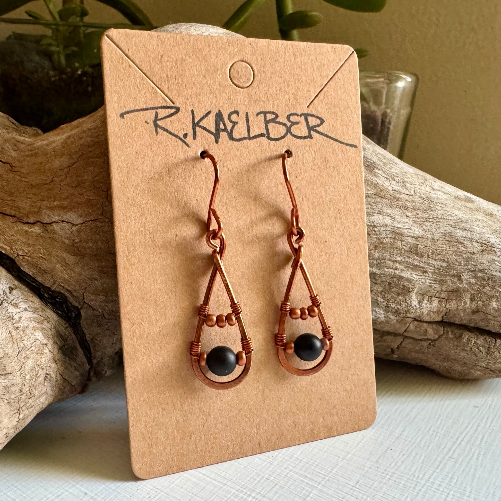 Onyx and Copper Teardrop Earrings - R.Kaelber Art