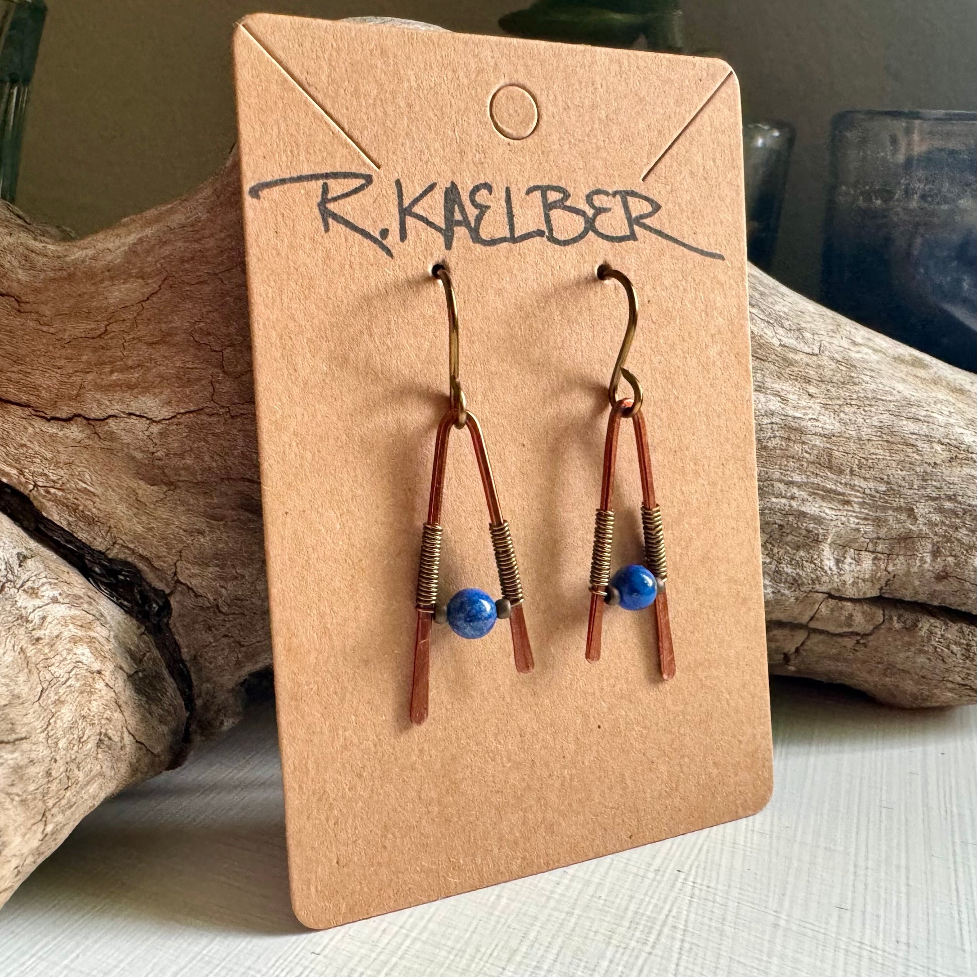 Lapis Lazuli A-Frame Earrings with Antique Copper and Bronze - R.Kaelber Art