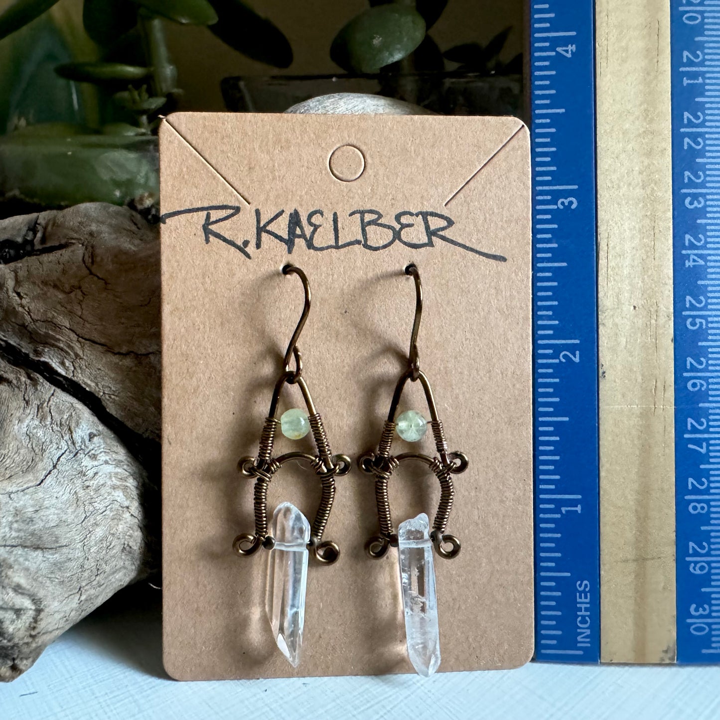 Prehnite, Clear Quartz and Antique Bronze Dangle Earrings