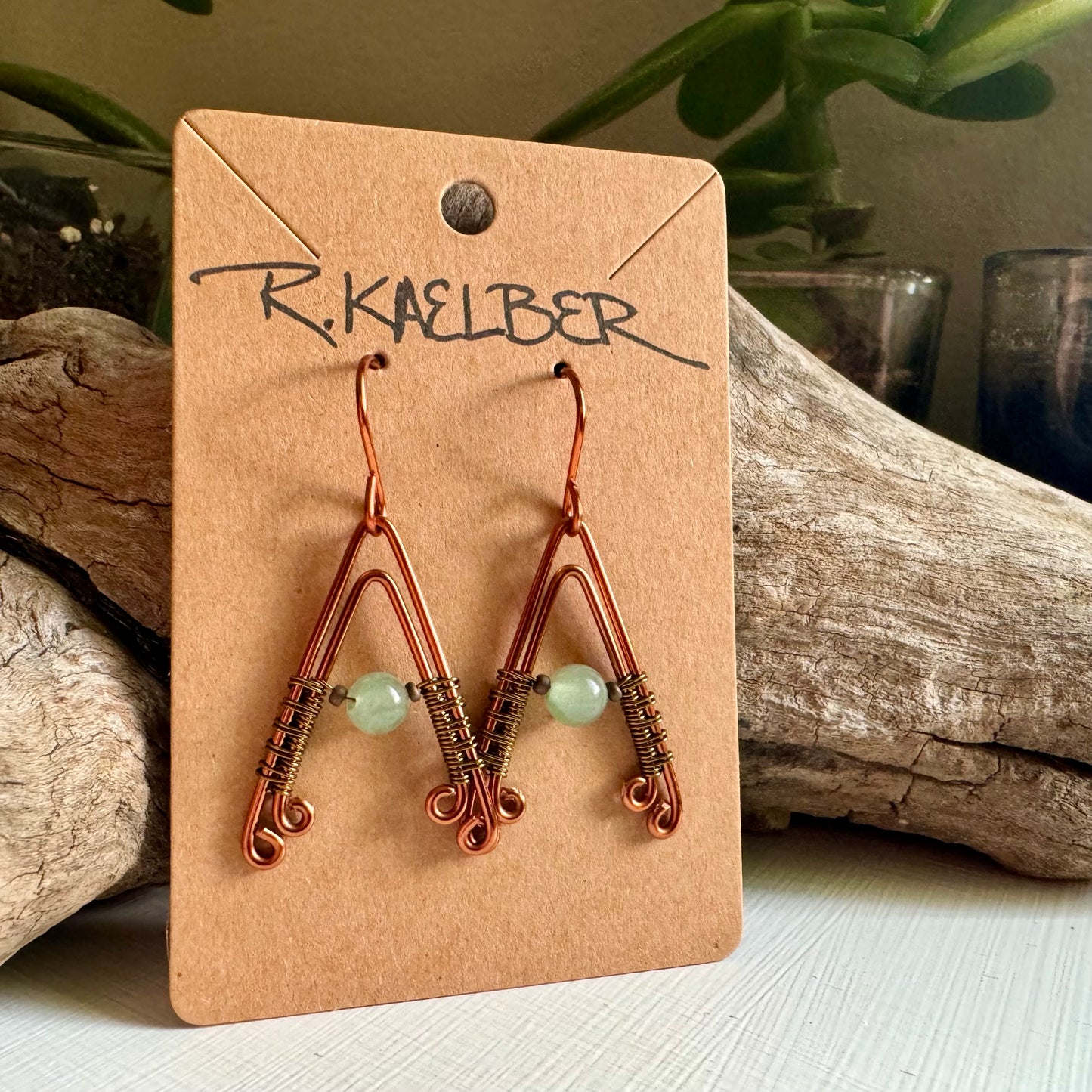 Aventurine, Copper and Antiques Bronze A- Frame Earrings - R.Kaelber Art