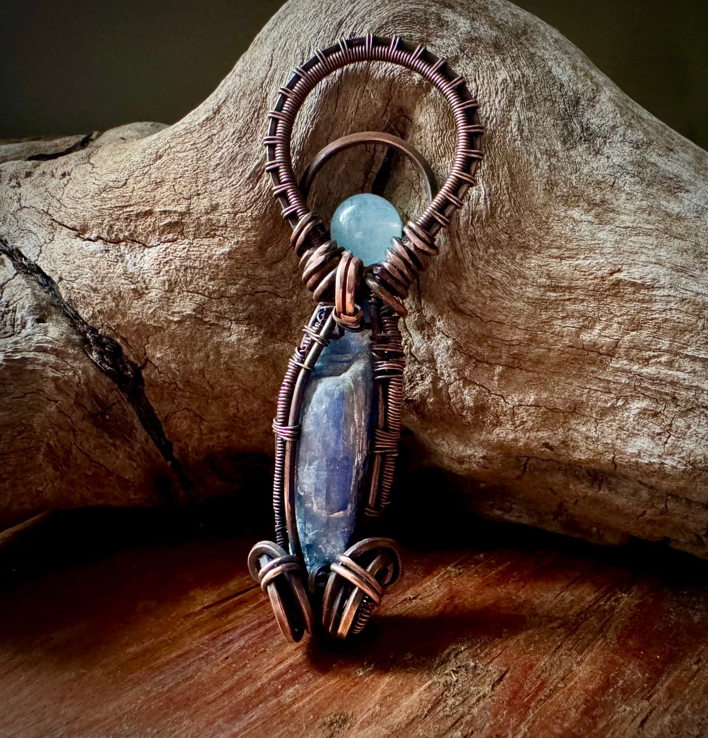 Aquamarine, Kyanite, and Copper Circular Pendant