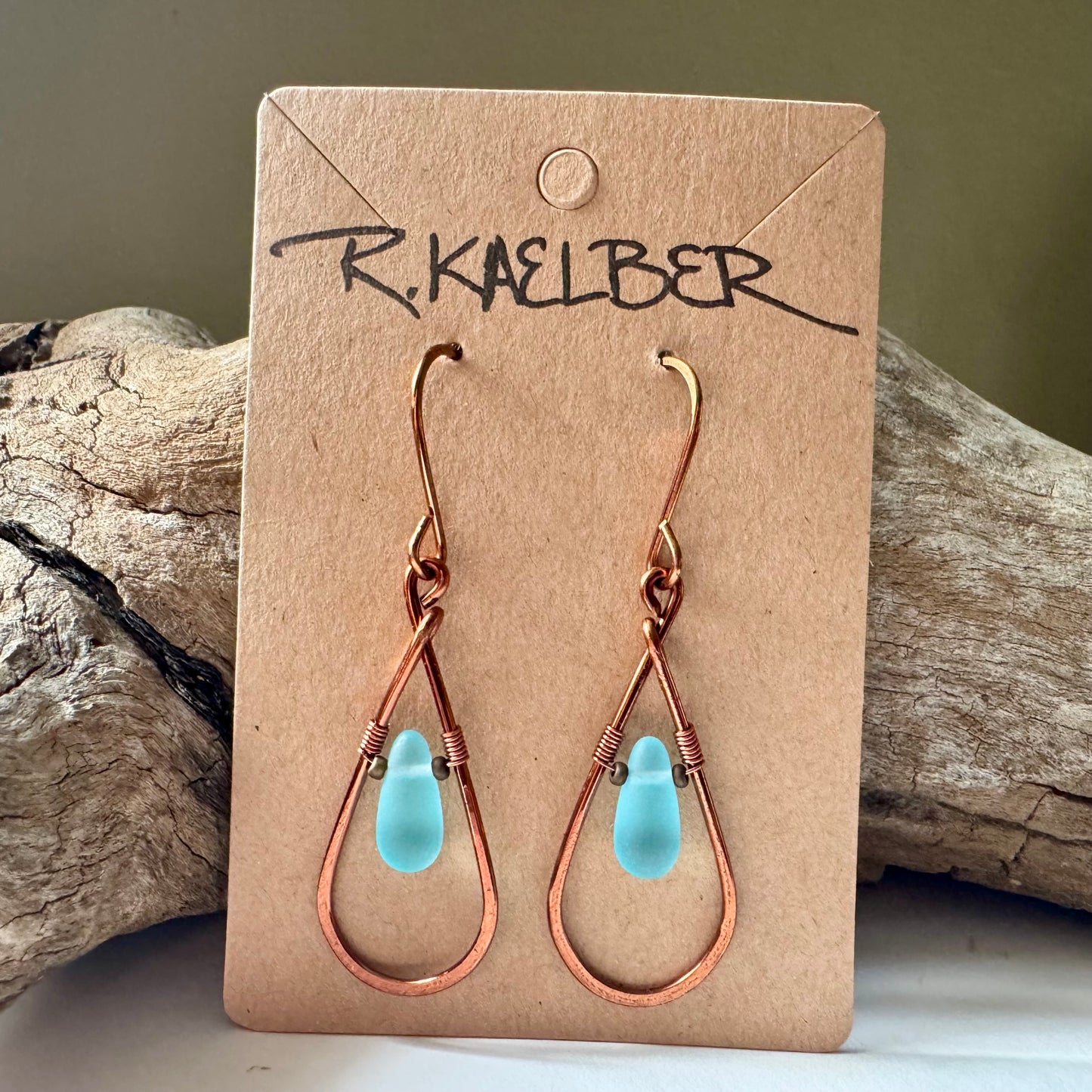 Antique Copper Teardrop Earrings with blue beads