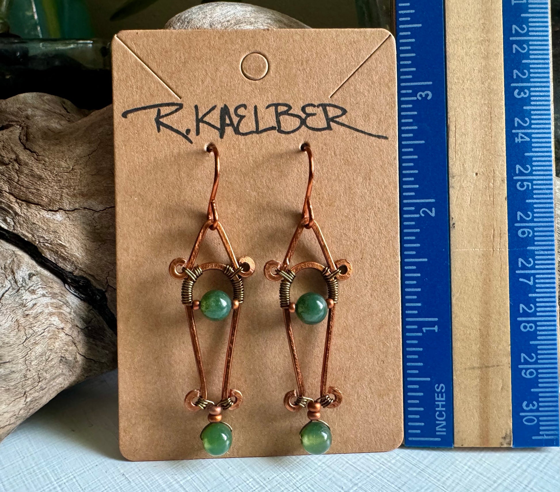 Moss Agate Dangle Earrings with Hammered Copper and Antique Bronze - R.Kaelber Art