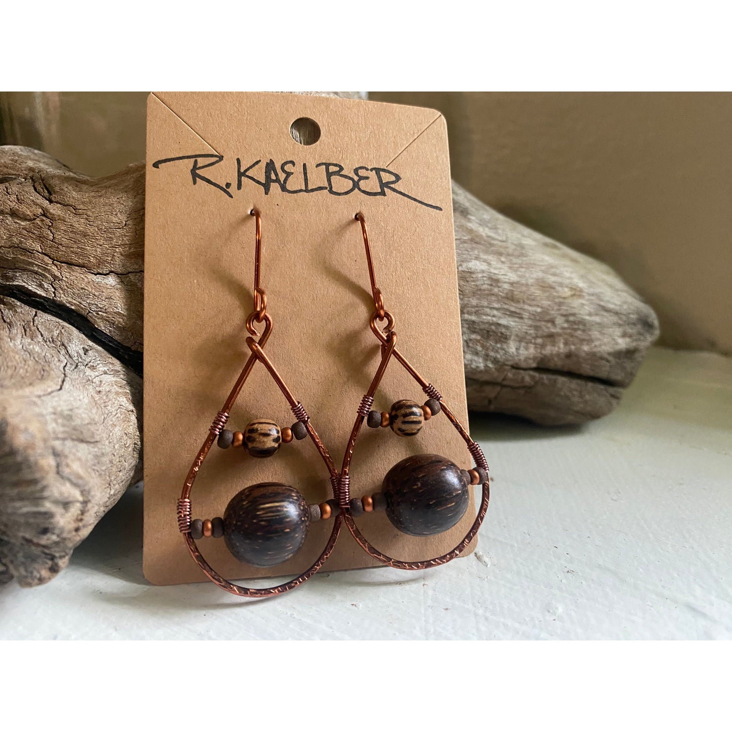 Wood and Copper Teardrop Earrings - R.Kaelber Art