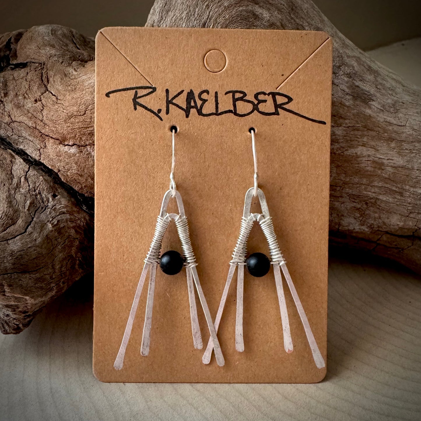 Onyx and Hammered Sterling Silver Double A-Frame Earrings