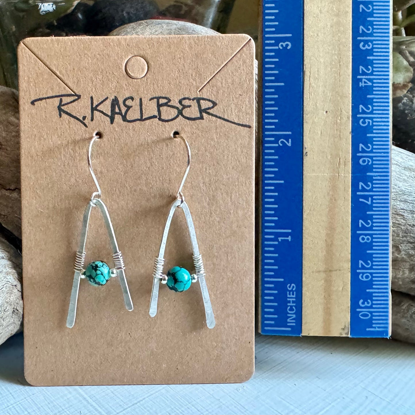 Turquoise A-Frame Earrings with Hammered Sterling Silver