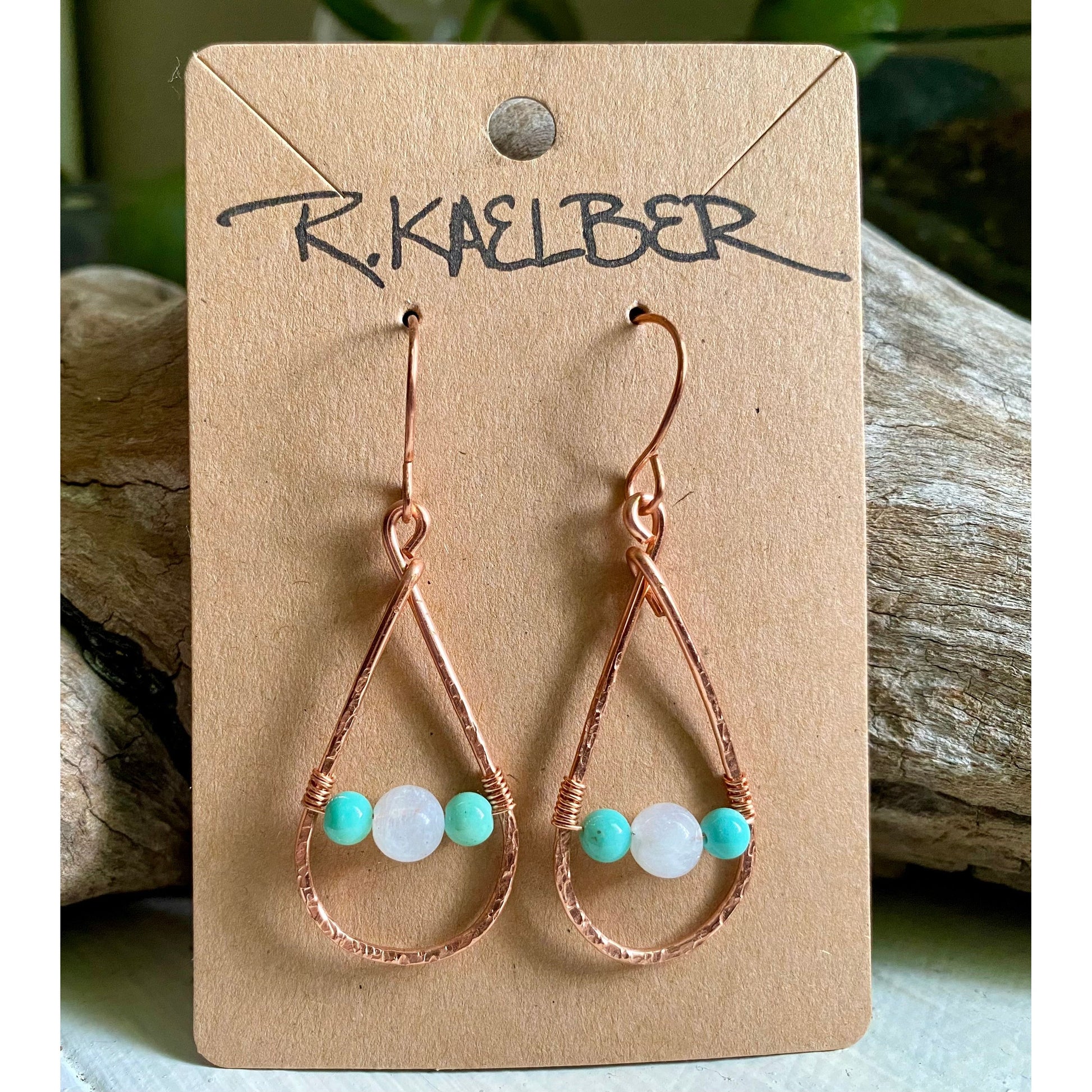 Green Opal and Rainbow Moonstone Teardrop Copper Earrings - R.Kaelber Art