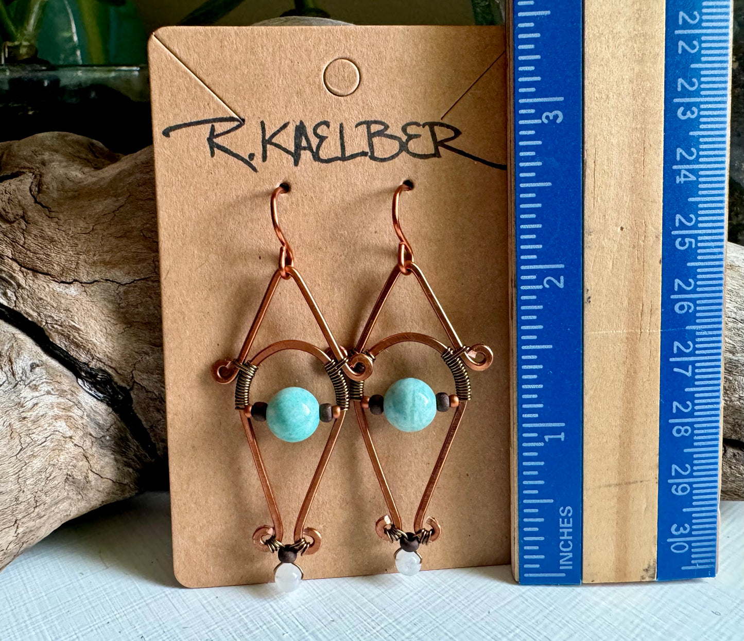 Amazonite and Rainbow Moonstone Dangle Earrings with Copper and Antique Bronze - R.Kaelber Art