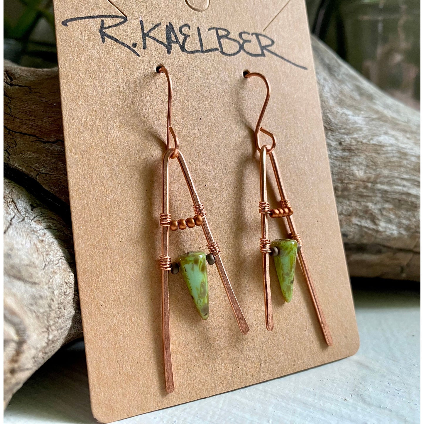 Copper A-frame Dangle Earrings with Green beads - R.Kaelber Art