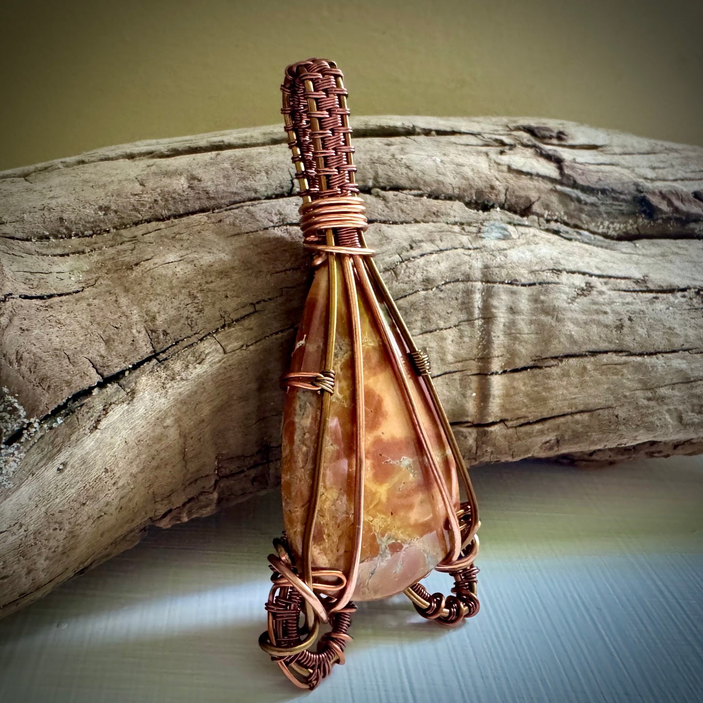 Jasper, Antique Bronze, and Copper Pendant