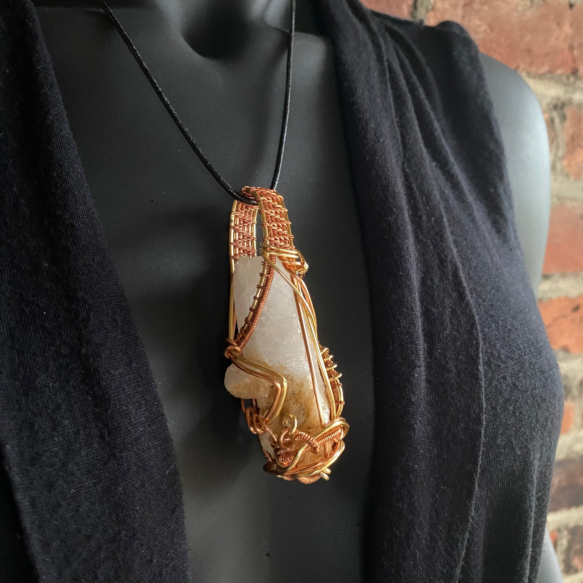 Milky Quartz Pendant with Copper and Gold over Copper Wire - R.Kaelber Art