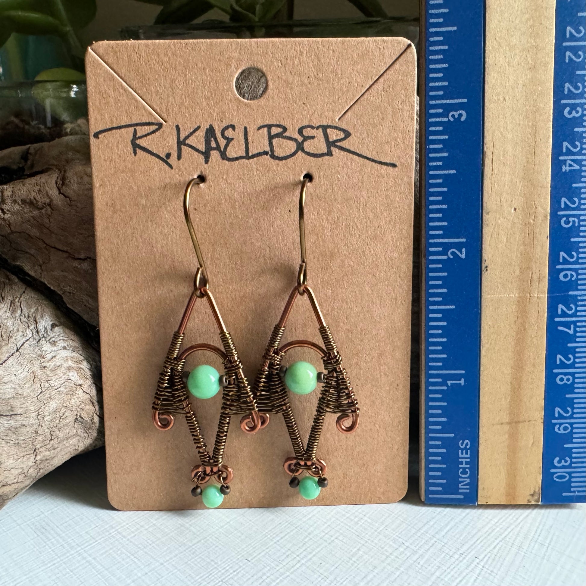 Green Opal,Copper, and Antique Bronze Dangle Earrings - R.Kaelber Art