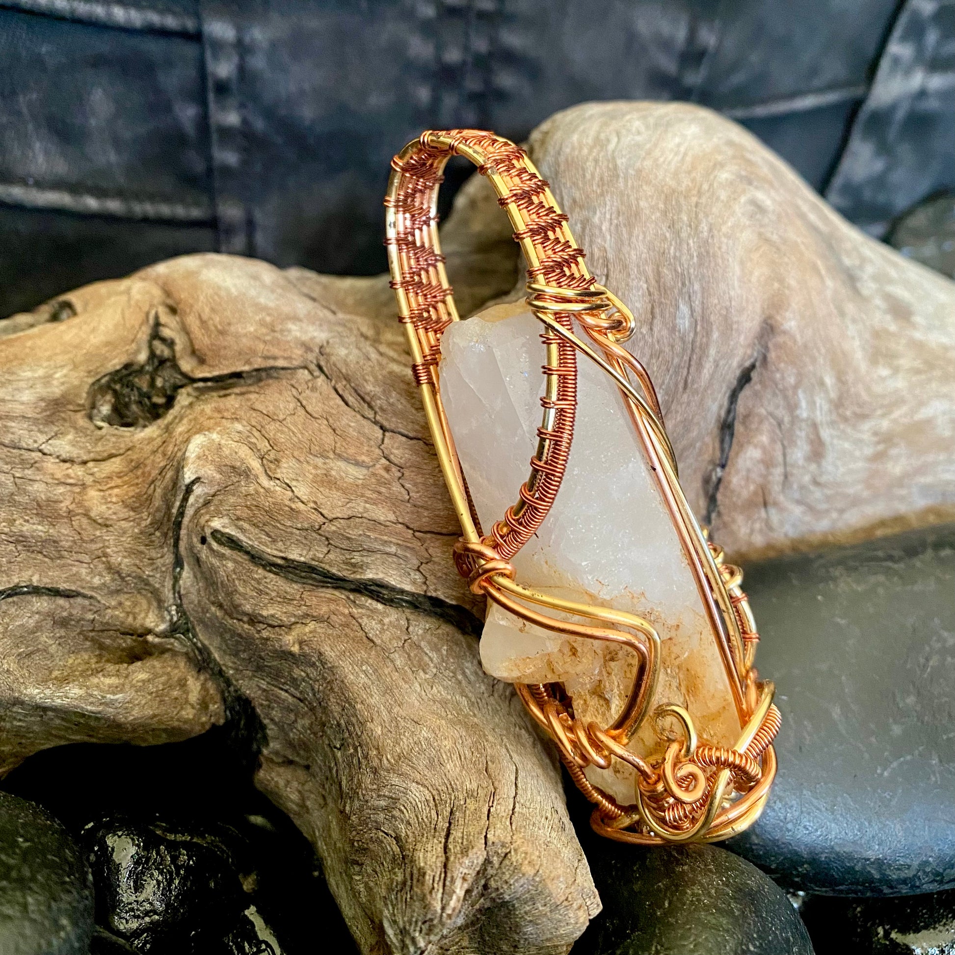 Milky Quartz Pendant with Copper and Gold over Copper Wire - R.Kaelber Art