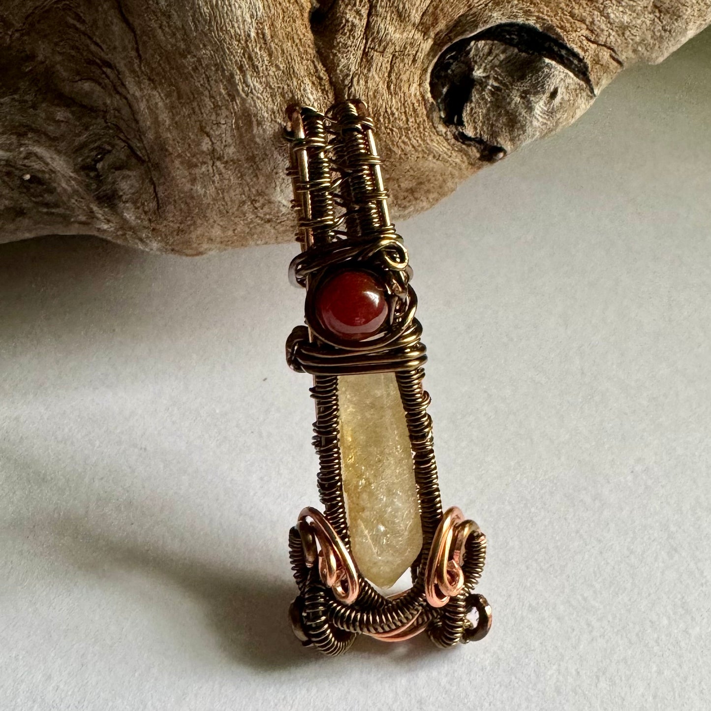 Citrine and Carnelian Wire Wrapped Pendant with Copper and Antique Bronze - R.Kaelber Art