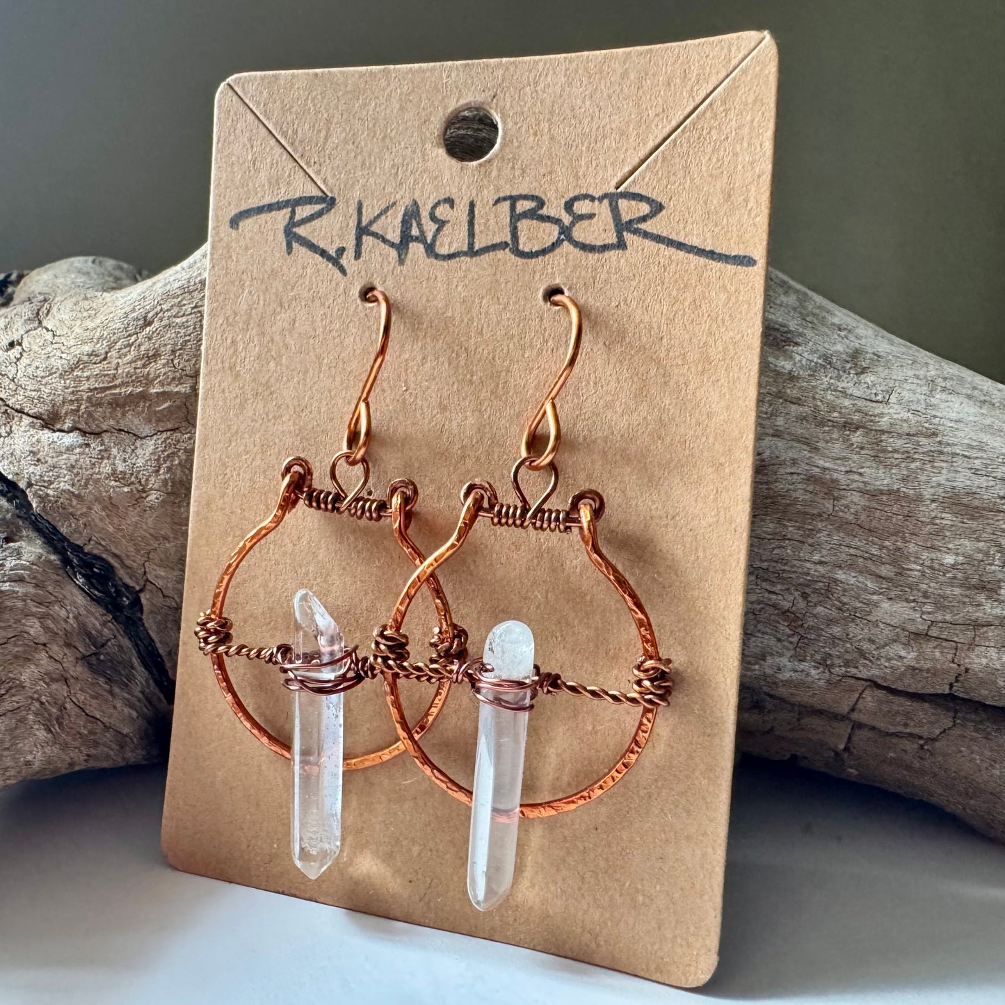 Clear Quartz and Copper Wire Wrapped Dangle Earrings