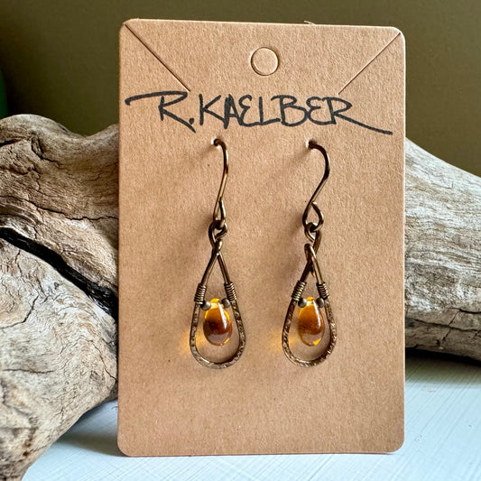 Amber colored Glass Teardrop Earrings with hammered antique bronze