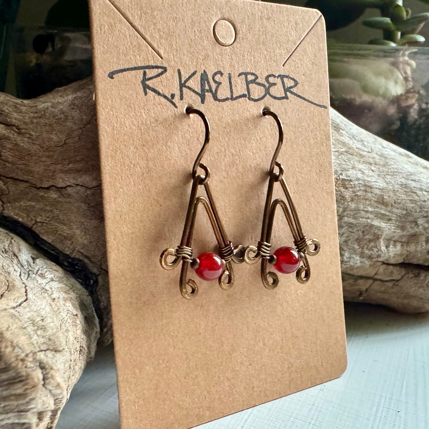 Carnelian and Antique Bronze A-Frame Earrings - R.Kaelber Art