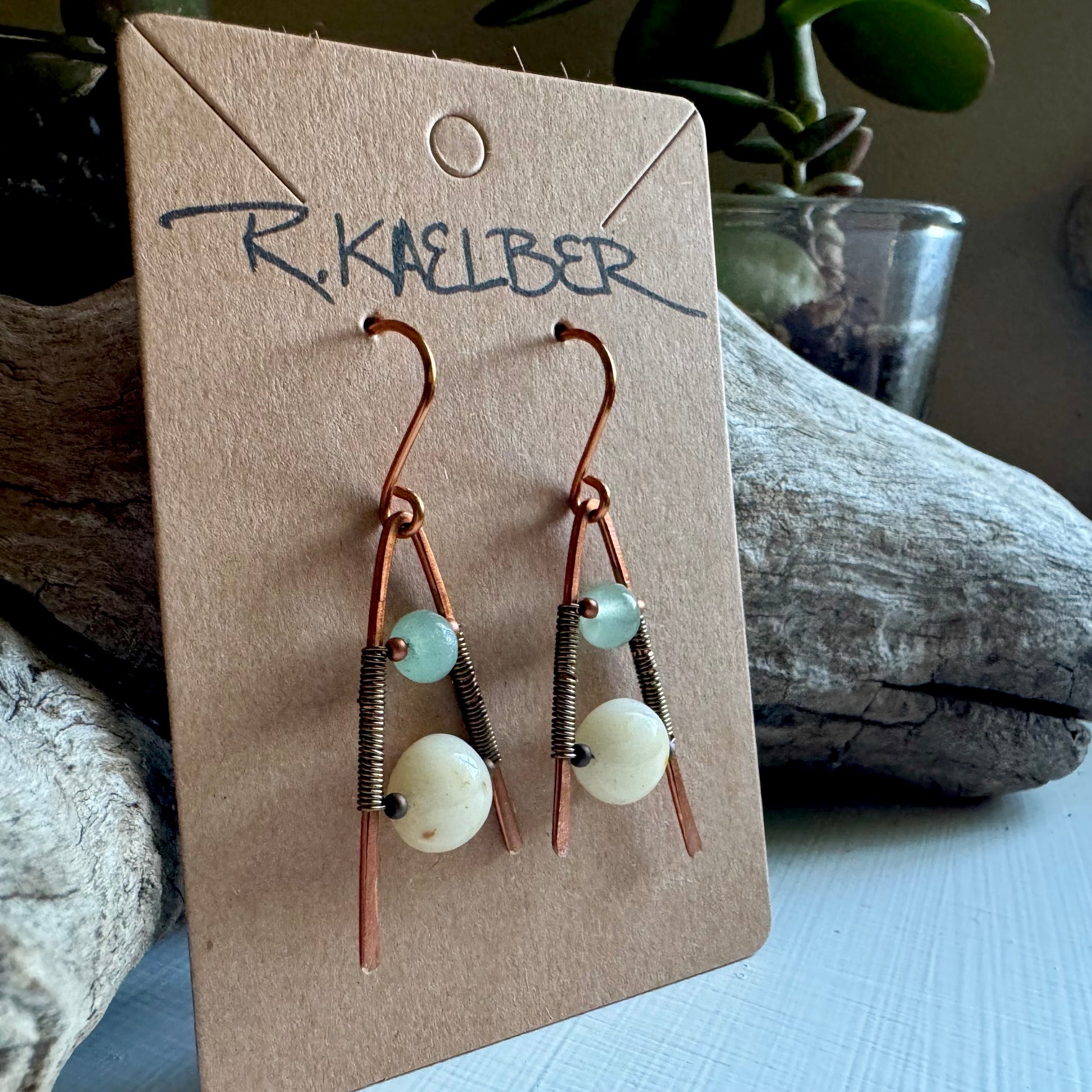 Aventurine and Jade Hammered Copper and Antique Bronze A-Frame Earrings - R.Kaelber Art